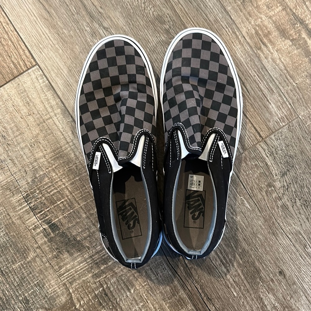 VANS Black And Pewter Checkerboard Slip On Sneakers, Size 11